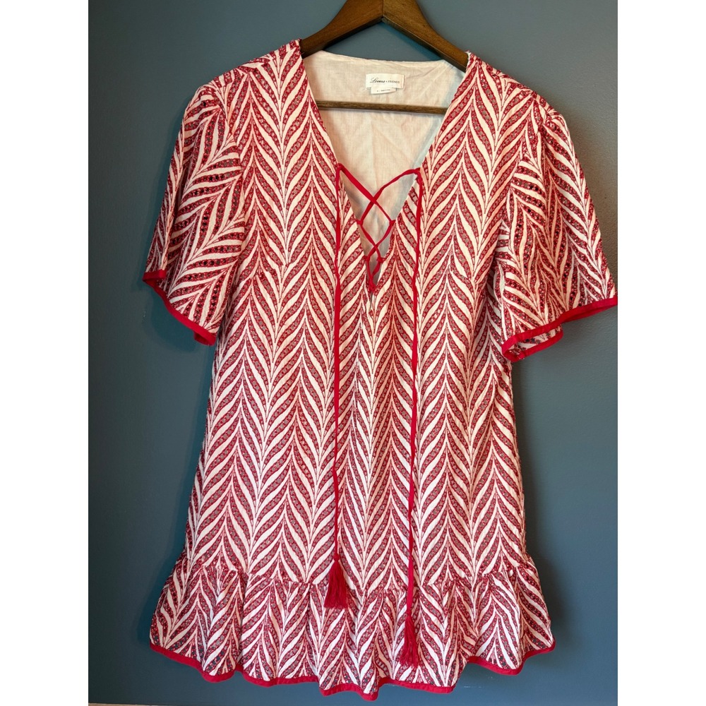 Lovers + Friends Red White Eyelet Lace Up Tassel Mini Dress Medium